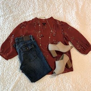 Ann Taylor Factory Red Floral 3/4 Sleeve Blouse SP